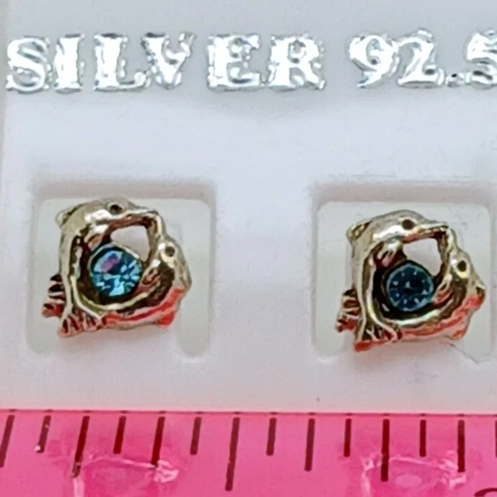 Sterling Silver 925 Dolphin Stud‎ Earrings Blue Crystal Nautical Vintage Jewelry